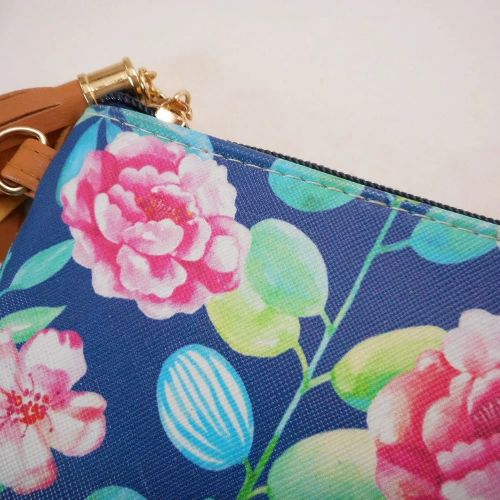 L.I.B New York Brand Zip Pouch Blue / Pink Floral Pattern for Makeup Cosmetics